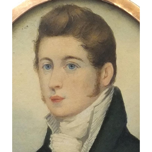 18 - 19th century oval double sided portrait miniature one side of a male wearing a green coat the other ... 