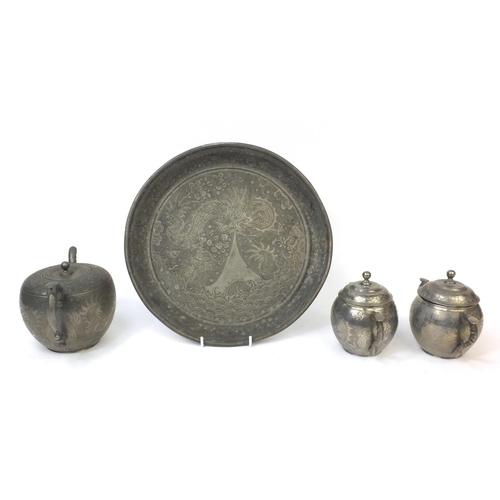 563 - Chinese Kut Hing three piece pewter tea service on tray each piece engraved with dragons, factory ma... 