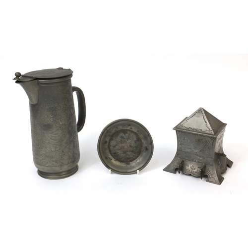 564 - Group of Chinese pewter items comprising a kut Hing  lidded hot water jug engraved with dragons, a s... 