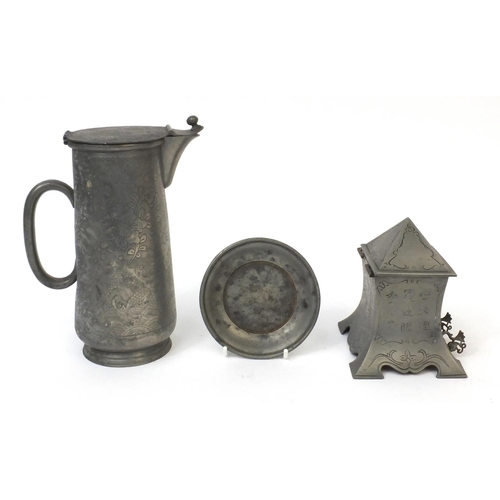 564 - Group of Chinese pewter items comprising a kut Hing  lidded hot water jug engraved with dragons, a s... 