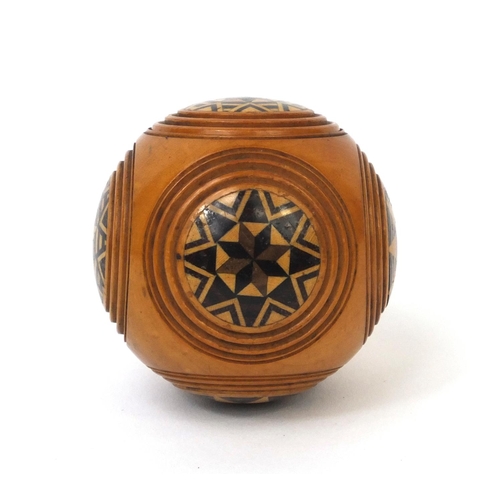 66 - Early Tunbridge ware puzzle/sovereign ball containing bone counters, 4.5cm in diameter