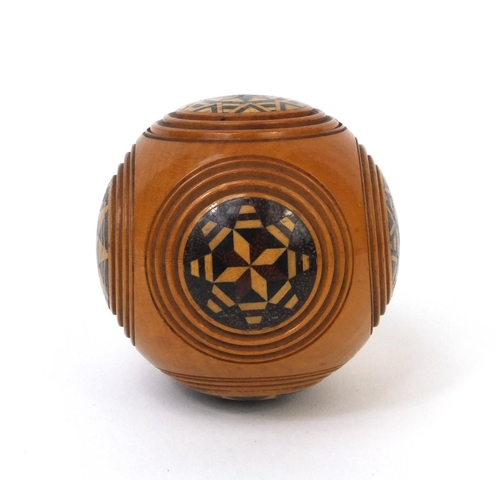 66 - Early Tunbridge ware puzzle/sovereign ball containing bone counters, 4.5cm in diameter