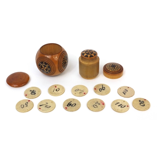 66 - Early Tunbridge ware puzzle/sovereign ball containing bone counters, 4.5cm in diameter