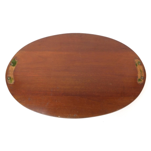 68 - Edwardian oval inlaid mahogany gallery tray with shell inlay and carrying handles, 54cm wide