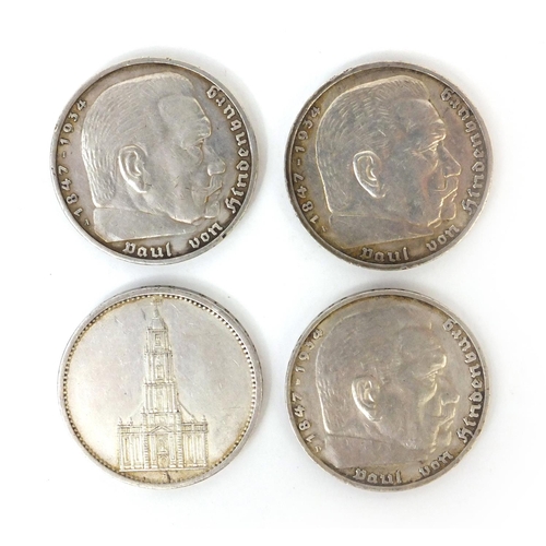 292 - Four German third reich five reichsmark coins - 1938, 1935, 1935 and 1939