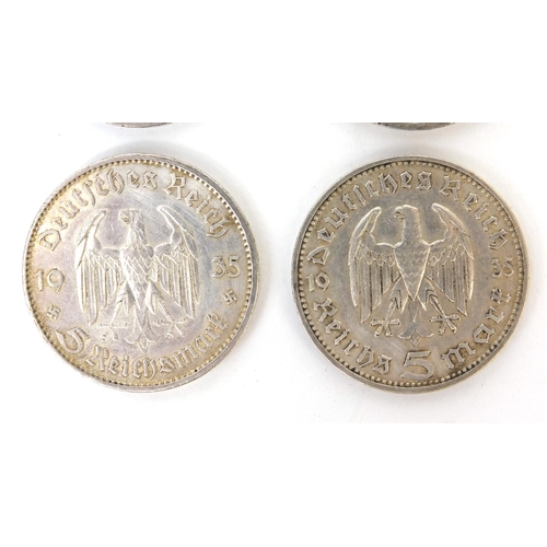 292 - Four German third reich five reichsmark coins - 1938, 1935, 1935 and 1939