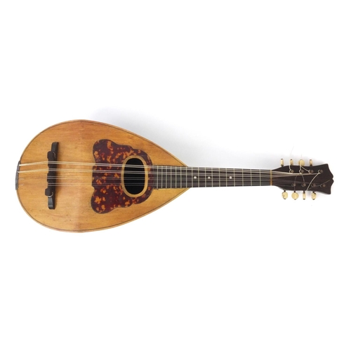 352 - Inlaid wooden mandolin with faux tortoiseshell guard plate, bone pegs and part paper label to the in... 