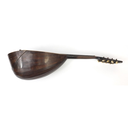 352 - Inlaid wooden mandolin with faux tortoiseshell guard plate, bone pegs and part paper label to the in... 