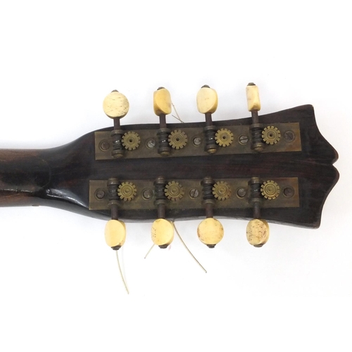 352 - Inlaid wooden mandolin with faux tortoiseshell guard plate, bone pegs and part paper label to the in... 