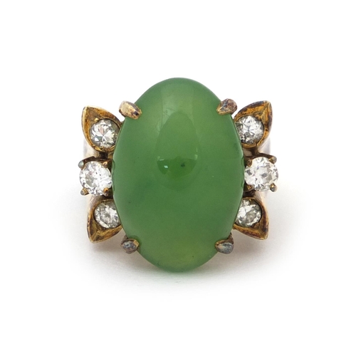 521 - Chinese 14ct gold green jade and diamond ring, set with six diamonds, size I, approximate weight 9.5... 