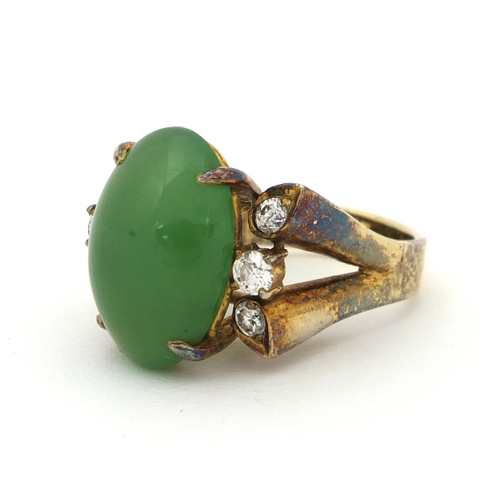 521 - Chinese 14ct gold green jade and diamond ring, set with six diamonds, size I, approximate weight 9.5... 