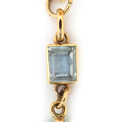 516 - Chinese carved green jade and aquamarine pendant on an 18ct gold necklace, the pendant 7.5cm long, a... 