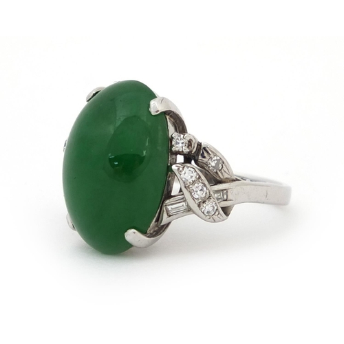 523 - Chinese green jade and diamond ring size K, approximate weight 6.3g