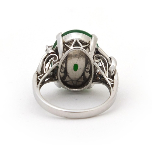 523 - Chinese green jade and diamond ring size K, approximate weight 6.3g