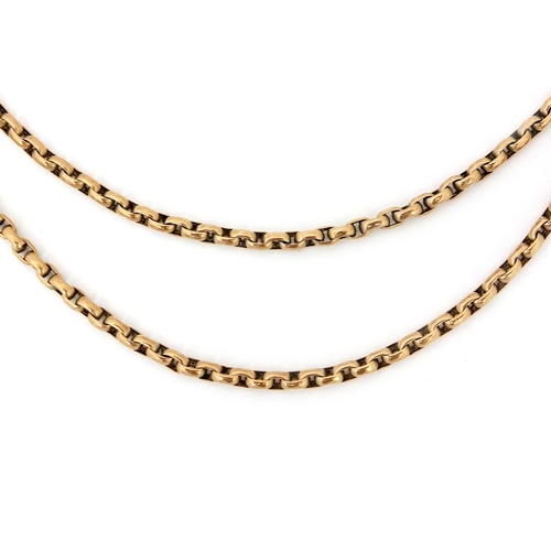 817 - 9ct gold double long guard chain, 80cm long, approximate weight 39.4g