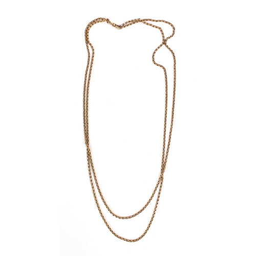 817 - 9ct gold double long guard chain, 80cm long, approximate weight 39.4g