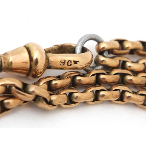 817 - 9ct gold double long guard chain, 80cm long, approximate weight 39.4g