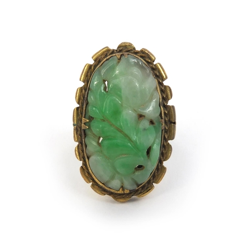 519 - ** DESCRIPTION AMENDED 15/9 ** Chinese carved green jadeite gilt metal ring, size J, approximate wei... 