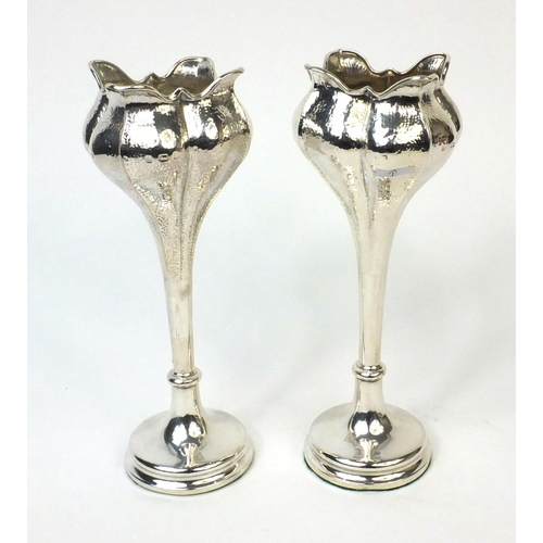 753 - Pair of Art Nouveau silver flower shaped vases,with planished decoration, indistinct makers mark Bir... 