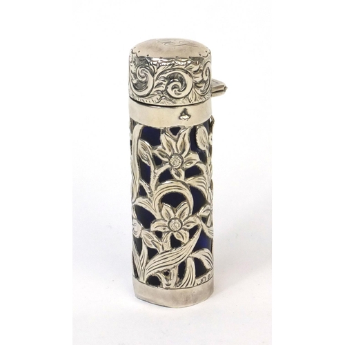 778 - Silver overlaid blue glass scent bottle with embossed floral decoration, W.D.H Birmingham 1902, 8cm ... 