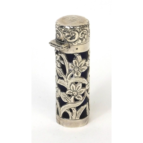 778 - Silver overlaid blue glass scent bottle with embossed floral decoration, W.D.H Birmingham 1902, 8cm ... 