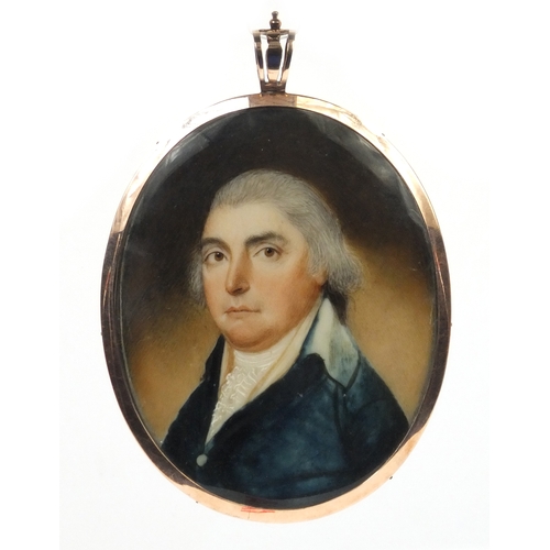 1 - 19th century oval portrait miniature of a gentleman wearing a blue coat onto ivory, housed in an unm... 