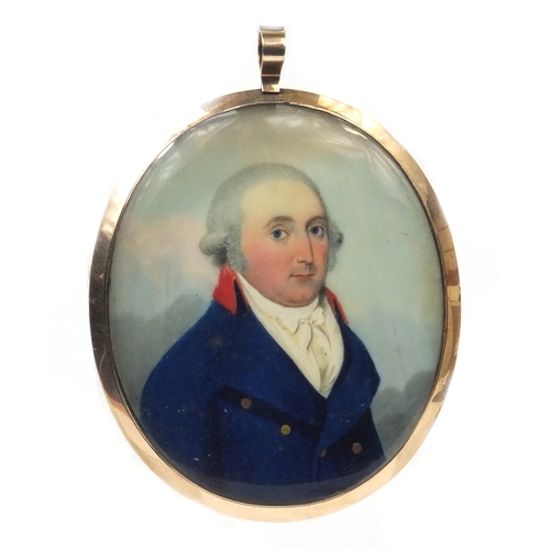 3 - 19th century oval portrait miniature of a gentleman wearing a blue coat onto ivory, housed in an unm... 