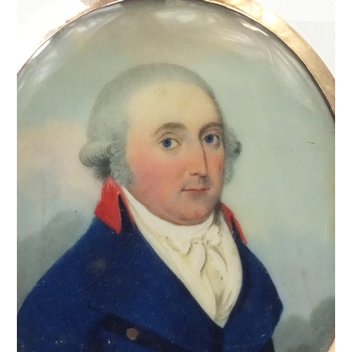 3 - 19th century oval portrait miniature of a gentleman wearing a blue coat onto ivory, housed in an unm... 