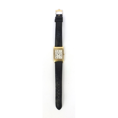 896 - 18ct gold gentleman's Jaeger-LeCoultre Reverso wristwatch with leather strap, approximately 3.3cm x ... 
