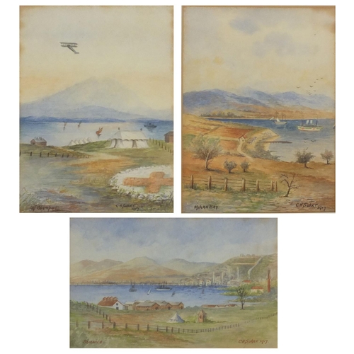 990 - C H Sucker - Three water colour views titled Olympus, Salonica and Mikra Bay, each mounted and gilt ... 