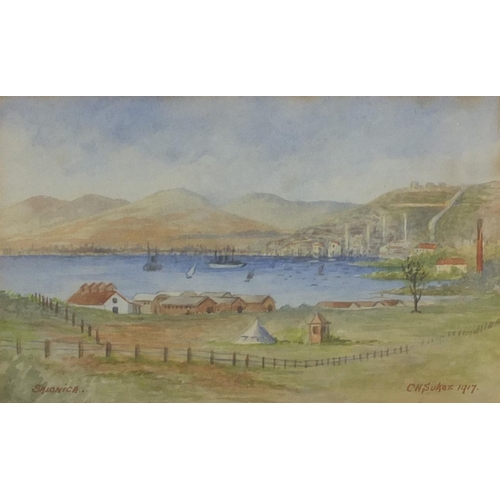 990 - C H Sucker - Three water colour views titled Olympus, Salonica and Mikra Bay, each mounted and gilt ... 