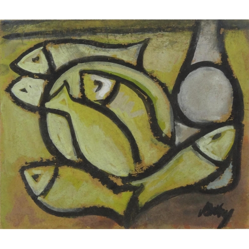 965 - Unframed watercolour onto board abstract composition of fish, bearing an indistinct signature, 25cm ... 