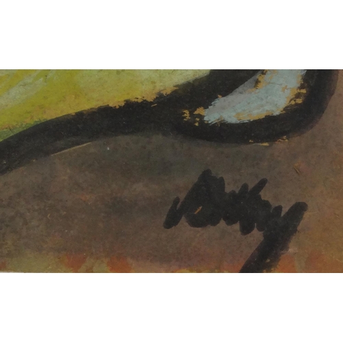 965 - Unframed watercolour onto board abstract composition of fish, bearing an indistinct signature, 25cm ... 
