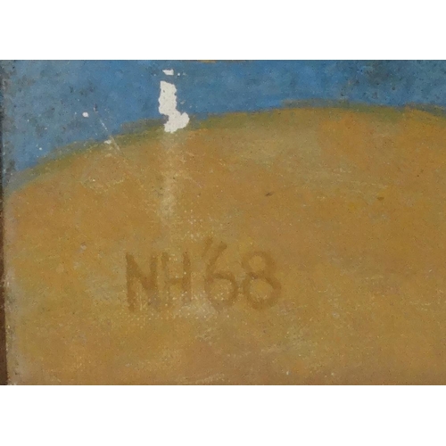 984 - Oil onto canvas abstract composition of a mother and child, bearing a monogram NH dated '68, inscrip... 