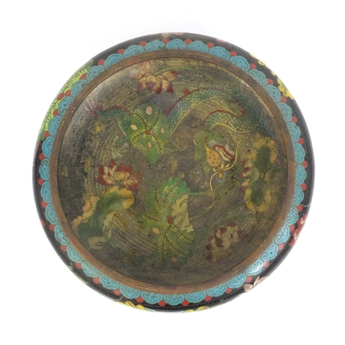 575 - Chinese cloisonné shallow bowl decorated with peonies and dragons, character marks to the base, rais... 