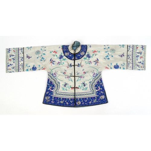 579 - Chinese silk kimono embroidered with phoenixes, butterflies and flowers, 60cm high