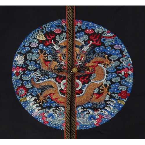 578 - Chinese silk kimono embroidered with roundels of dragons, 121cm high