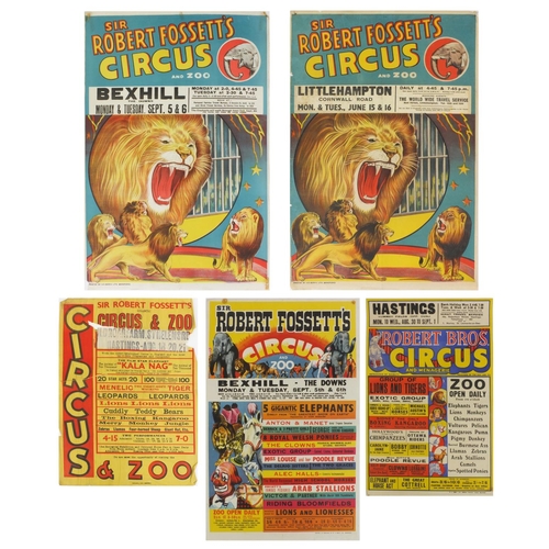 258 - Group of five vintage circus advertising posters, including Sir Robert Fossett's circus and Roberts ... 