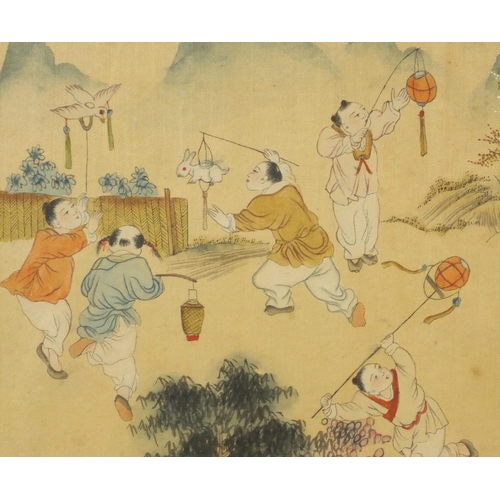 586 - Two Chinese paintings onto silk, both of children playing, both with seal and character marks, each ... 