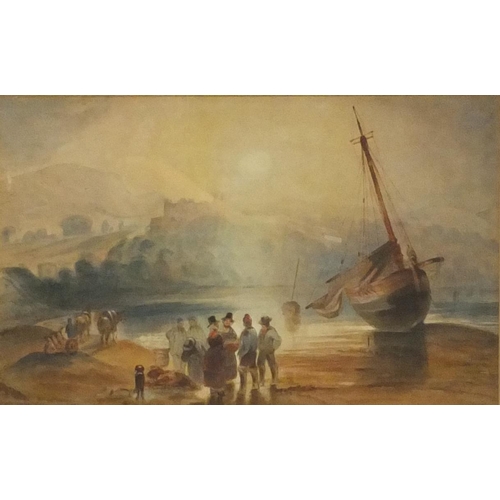 963 - Watercolour of figures congregating before moored boats and a castle, mounted and gilt framed, The R... 