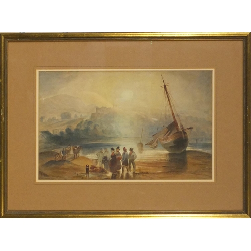 963 - Watercolour of figures congregating before moored boats and a castle, mounted and gilt framed, The R... 