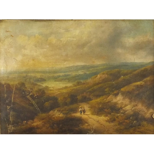 943 - Alfred Augustus Glendening - Oil onto board view of two figures walking in a landscape setting, moun... 