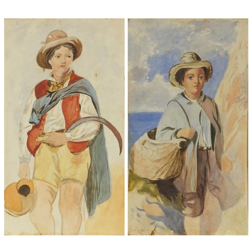 961 - Two unframed continental watercolour onto paper studies of boys carrying water vessels, each 42cm x ... 
