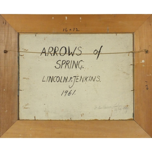 1027 - Lincoln Pugh Jenkins - Two oil onto board abstract compositions, one titled 'Arrows of Spring', date... 