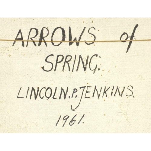 1027 - Lincoln Pugh Jenkins - Two oil onto board abstract compositions, one titled 'Arrows of Spring', date... 