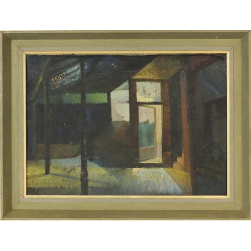 1027 - Lincoln Pugh Jenkins - Two oil onto board abstract compositions, one titled 'Arrows of Spring', date... 