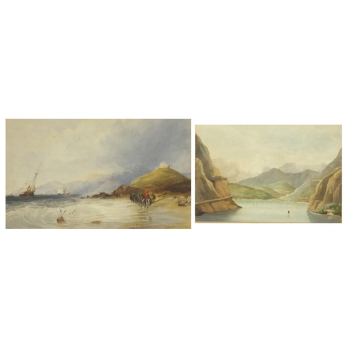 1019 - Two watercolour landscape views one of fishing boats before mountains and one of figures on donkeys,... 