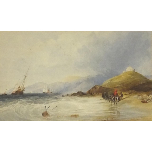 1019 - Two watercolour landscape views one of fishing boats before mountains and one of figures on donkeys,... 