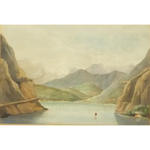 1019 - Two watercolour landscape views one of fishing boats before mountains and one of figures on donkeys,... 