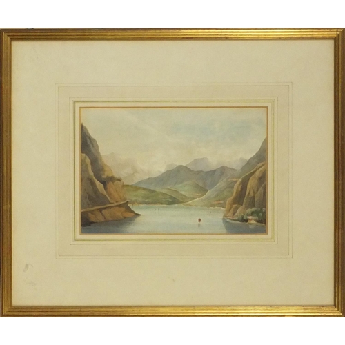 1019 - Two watercolour landscape views one of fishing boats before mountains and one of figures on donkeys,... 